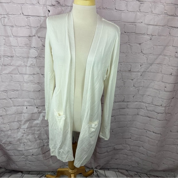 White House Black Market Cream long sweater Cardigan open front sz L classic - Picture 1 of 9
